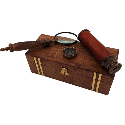 Zestaw Podróżnika Retro - Kompas + Luneta + Lupa w Pudełku Drewnianym - NC102369