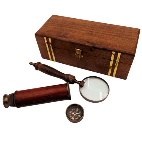 Zestaw Podróżnika Retro - Kompas + Luneta + Lupa w Pudełku Drewnianym - NC102369