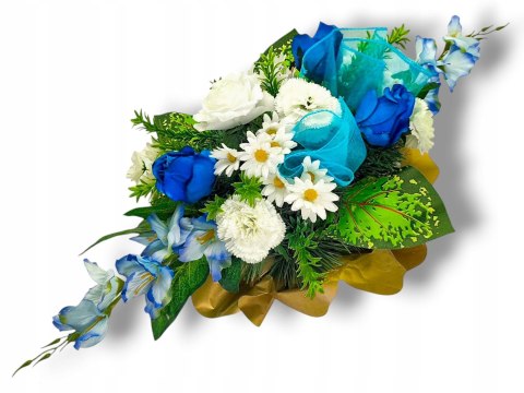 BIAŁO NIEBIESKI STROIK OBCIĄŻONA MISA NA CMENTARZ KWIATY NA GRÓB POMNIK