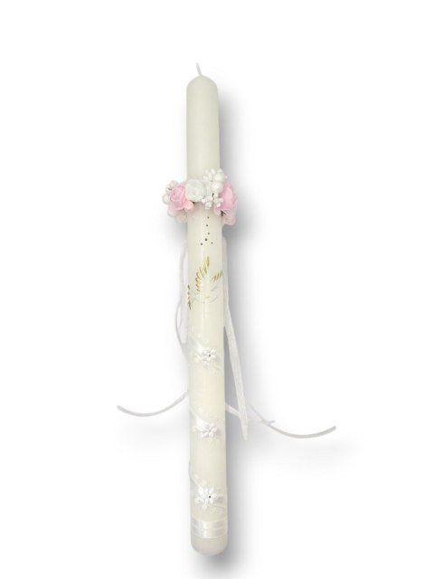 OZDOBA NA ŚWIECE DO CHRZTU PROFITKA DEKORACJA ŚWIECY Z KWIATUSZKÓW
