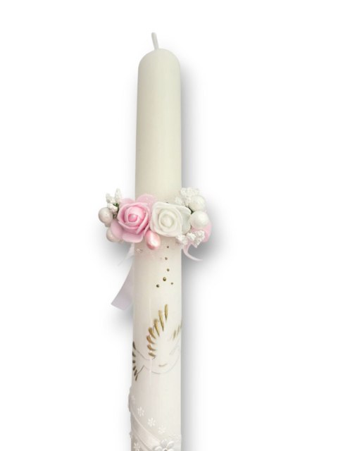 OZDOBA NA ŚWIECE DO CHRZTU PROFITKA DEKORACJA ŚWIECY Z KWIATUSZKÓW