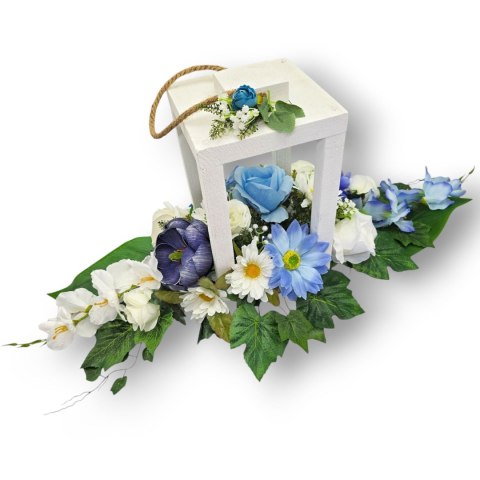 STROIK BIAŁY LAMPION NA GRÓB POMNIK CMENTARZ DEKORACJA NAGROBNA WIENIEC BIAŁO NIEBIESKI