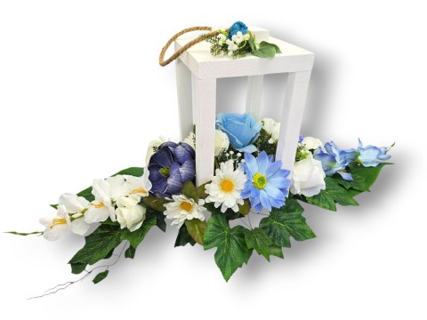 STROIK BIAŁY LAMPION NA GRÓB POMNIK CMENTARZ DEKORACJA NAGROBNA WIENIEC BIAŁO NIEBIESKI