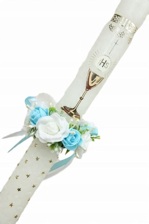 OZDOBA NA ŚWIECE DO CHRZTU PROFITKA DEKORACJA ŚWIECY Z KWIATUSZKÓW