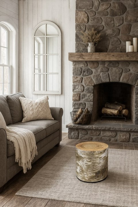 Pufa welurowa Bertoni typu walec z nadrukiem Brzoza