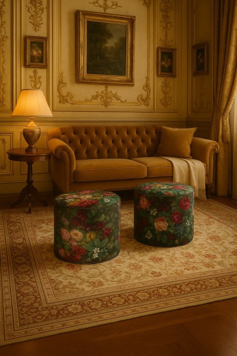 Pufa welurowa Bertoni typu walec z nadrukiem Bukiet