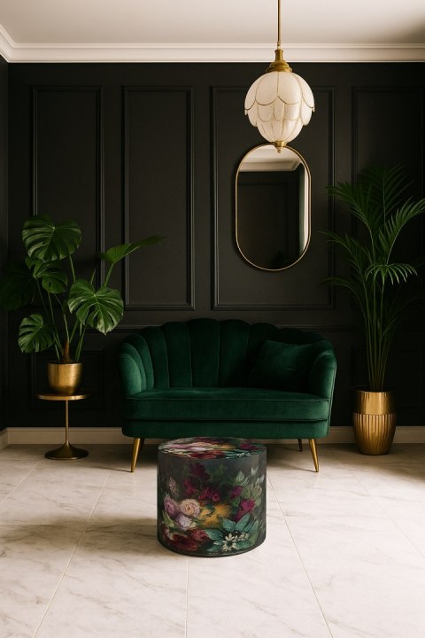 Pufa welurowa Bertoni typu walec z nadrukiem Bukiet