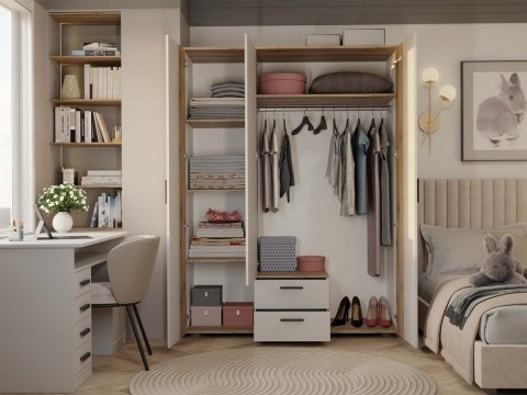 SZAFA AVA 150 CM LUSTRO 2 SZUFLADY RYFLOWANY FRONT DĄB EVOKE KASZMIR BEŻ