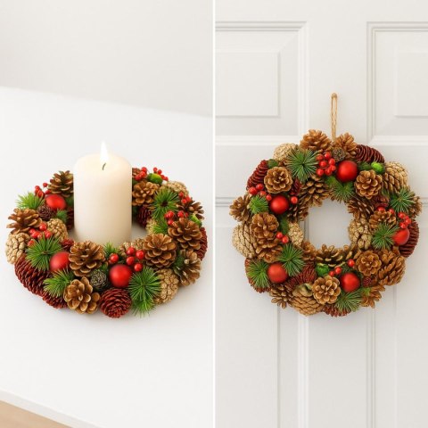 WIANEK DEKORACYJNY 34 CM ZIELONY Z SZYSZKAMI I BOMBKAMI MICA