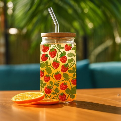 Szklanka z pokrywką i słomką Soleo 530ml poziomki