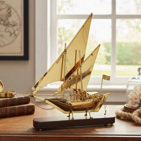 Okręt mosiężny na podstawie drewnianej 43cm - N-4453