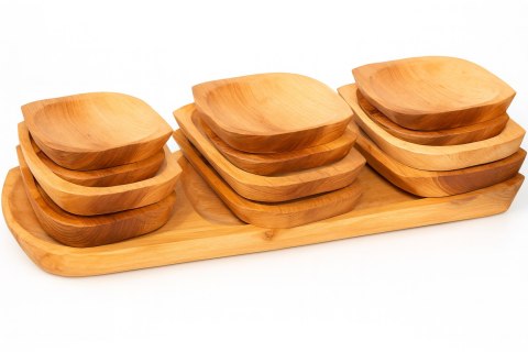 Koryto drewniane, zestaw taca i 12 talerzy - grill | Drewniany komplet naczyń grillowych | Zestaw stołowy BBQ | Taca grillowa z 