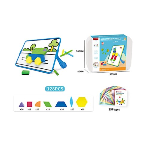 Magnetyczna mozaika Tangram z tablicą - 128 el. + karty pracy