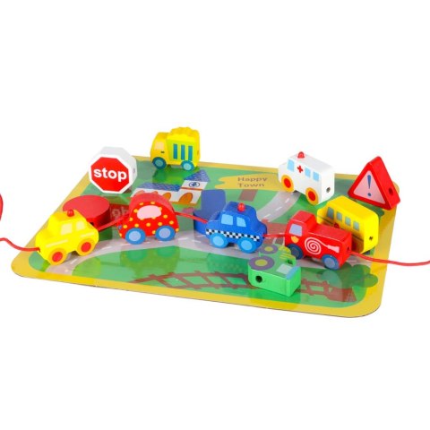 Klocki drewniane do nawlekania tablica plansza samochody pojazdy