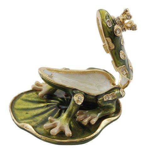 Ekskluzywne, bogato zdobione metalowe pudełeczko z kryształami - Żabka - B0746-54