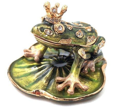 Ekskluzywne, bogato zdobione metalowe pudełeczko z kryształami - Żabka - B0746-54