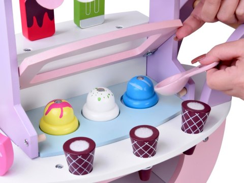 Pastelowa słodka LODZIARNIA na kółkach z drewna + 8 różnych lodów ZA5946