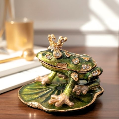 Ekskluzywne, bogato zdobione metalowe pudełeczko z kryształami - Żabka - B0746-54