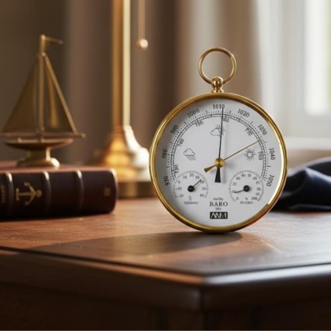 Miniaturowa stacja pogody o 110 mm w oprawie mosiężnej: barometr, higrometr, termometr 27.6250