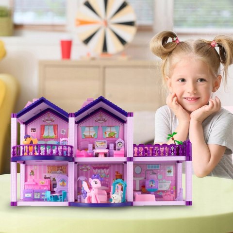 Domek dla lalek różowy duży piętrowy z mebelkami kucyki koniki dla dzieci