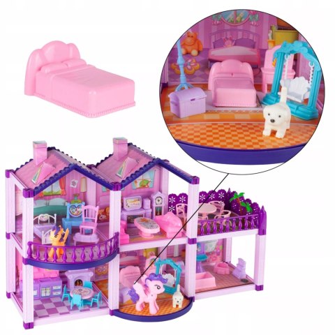 Domek dla lalek różowy duży piętrowy z mebelkami kucyki koniki dla dzieci