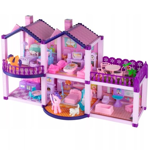 Domek dla lalek różowy duży piętrowy z mebelkami kucyki koniki dla dzieci