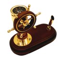 Elegancki Zestaw na Biurko Koło Sterowe i Kompas z Uchwytem na Długopis - Drewno Mosiądz - TT017