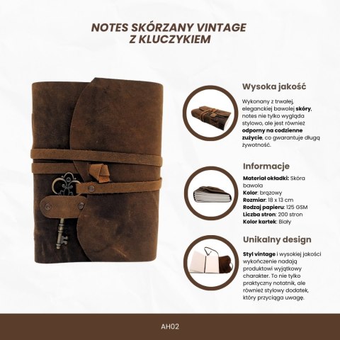 Notes Skórzany Retro z Kluczykiem i Paskiem 200 stron 18 x 13 cm - AH02