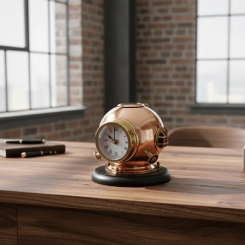Zegar Biurkowy Hełm Nurka z Kompasem - Mosiężny na Drewnianej Podstawie - TC032