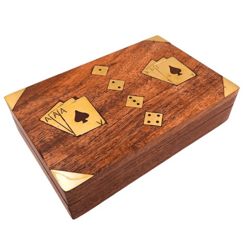 Zestaw do Gry - Dwie Talie Kart i Kości do Gry w Drewnianym Pudełku - Elegancki Prezent dla Gracza - DNU-008