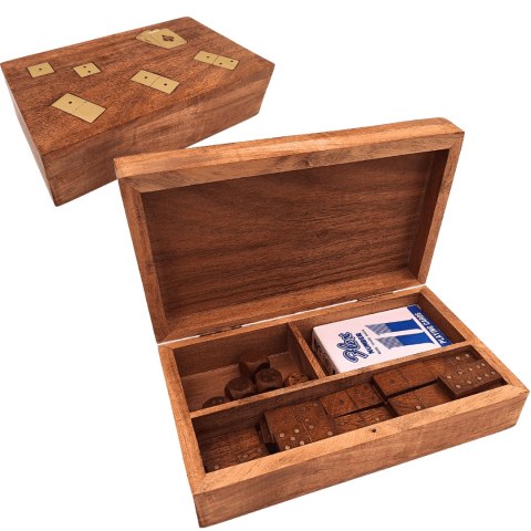 Zestaw gier 3w1 w pudełku drewnianym Karty Domino Kości - DNU-011