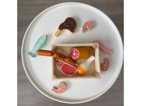 Drewniana SKRZYNKA Z WĘDLINAMI - zestaw zabawkowych mięs dla dzieci ZA5942
