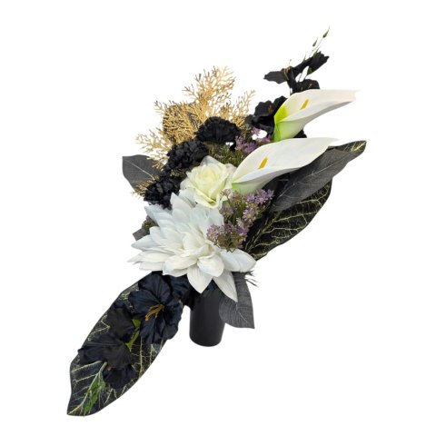 Bukiet flakon stroik na cmentarz biało czarna kompozycja na grób