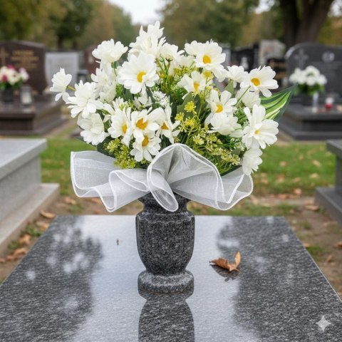 Bukiet flakon stroik na cmentarz grób sztuczne kwiaty margaretki