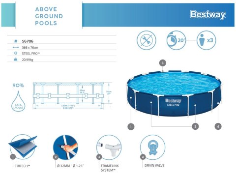 Bestway basen stelażowy 366x76 cm 6,473L 56706