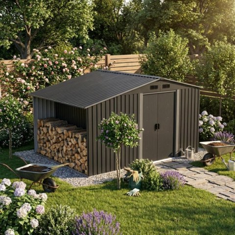 DOMEK OGRODOWY NARZĘDZIOWY METALOWY Z DREWUTNIĄ 308X245X202CM