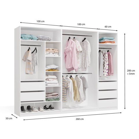 Garderoba Modułowa OPENO ZESTAW 260/200 BIAŁA Szuflady Drążki Półki Duża Do Sypialni