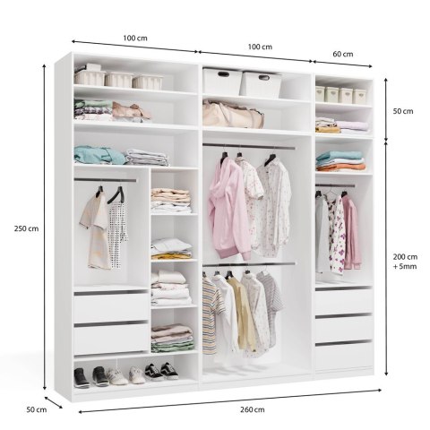 Garderoba Modułowa OPENO ZESTAW 260/250 BIAŁA Szuflady Drążki Półki Duża Do Sypialni