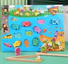Gra drewniana rybki łowienie rybek na magnes pszczółki montessori